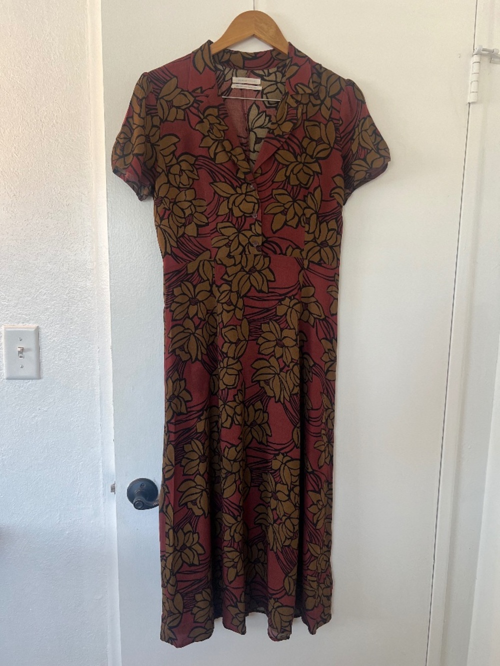 Urban Outfitters Rust Red Floral Midi Dress with Olive Green Print